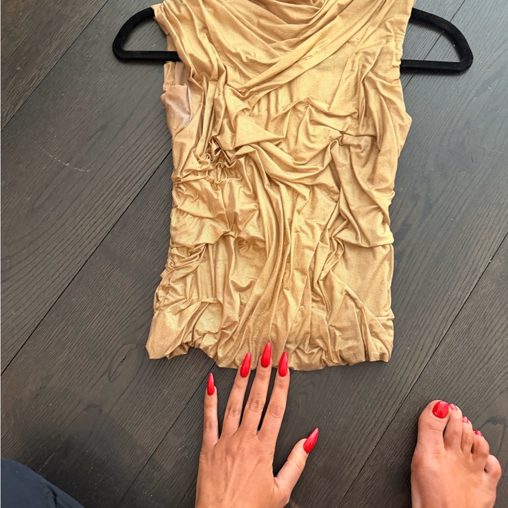 Di Petsa Gold Wet Look Draped Top High Neck Sleeveless XS - Picture 11 of 15
